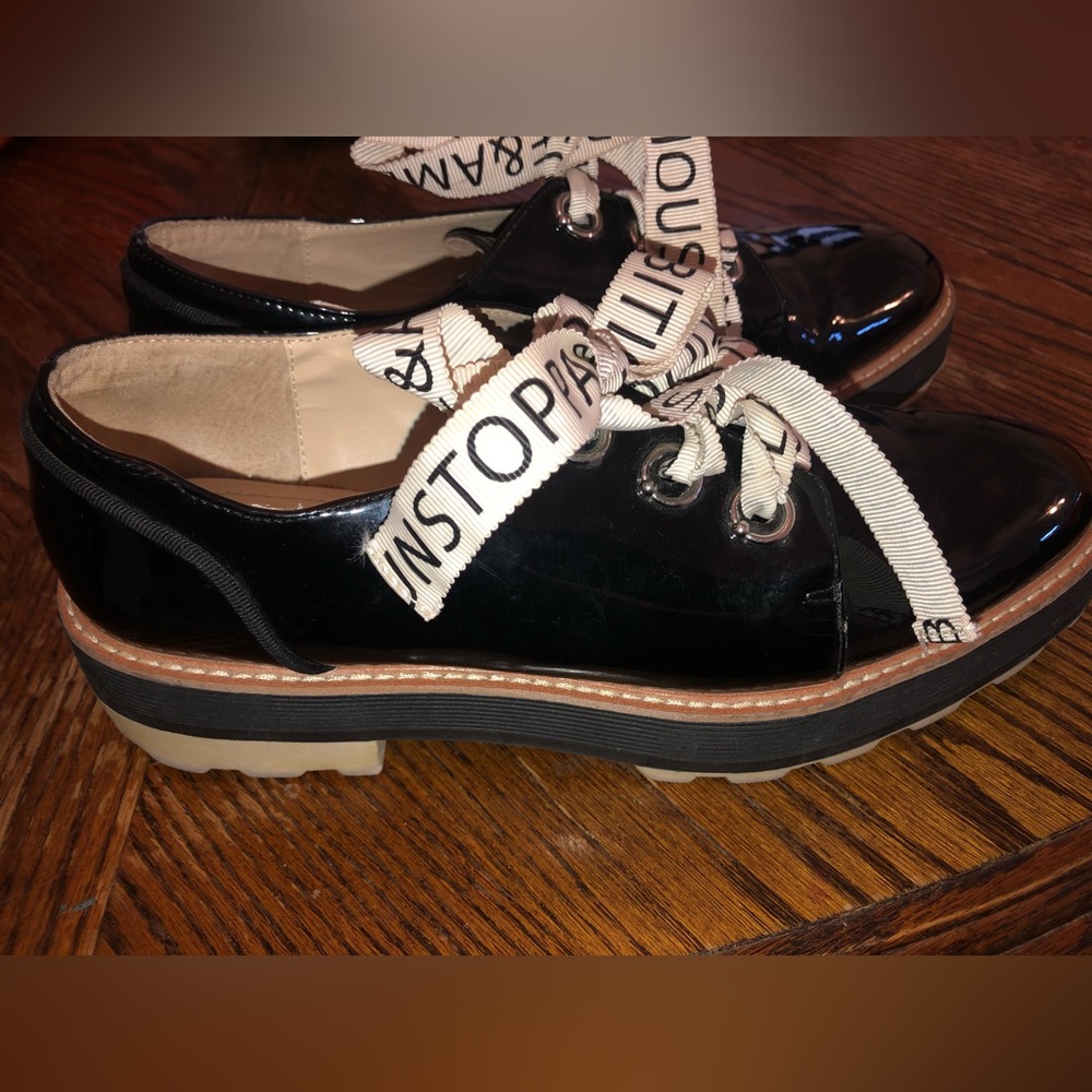 Zara black patent w shoelaces: unstoppable & ambitious size 7 -7.5 (38)